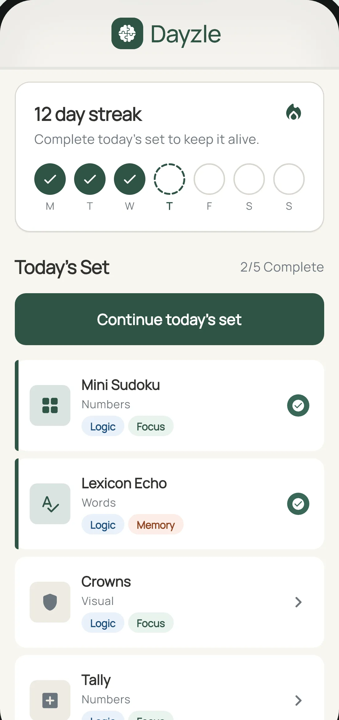 The Dayzle home screen: a 12 day streak, Today's Set at 2 of 5 complete, and a Continue today's set button