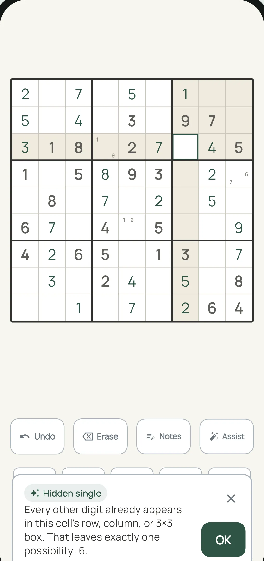 A sudoku board with a hint card open, reading: Hidden single — every other digit already appears in this cell's row, column, or 3×3 box, leaving exactly one possibility