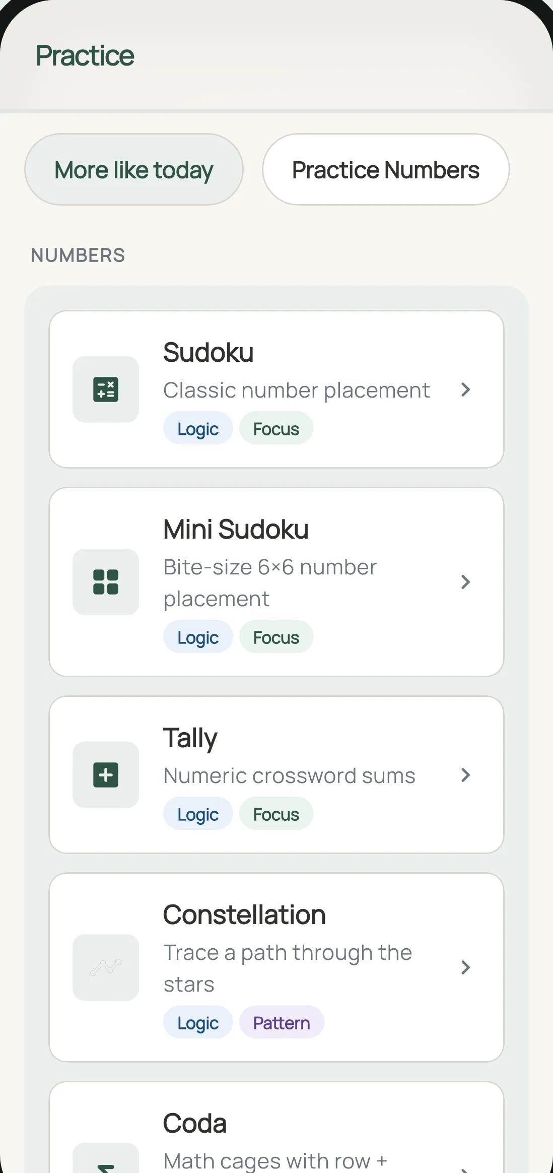The Dayzle practice screen, listing Sudoku, Mini Sudoku, Tally, and Constellation under Numbers