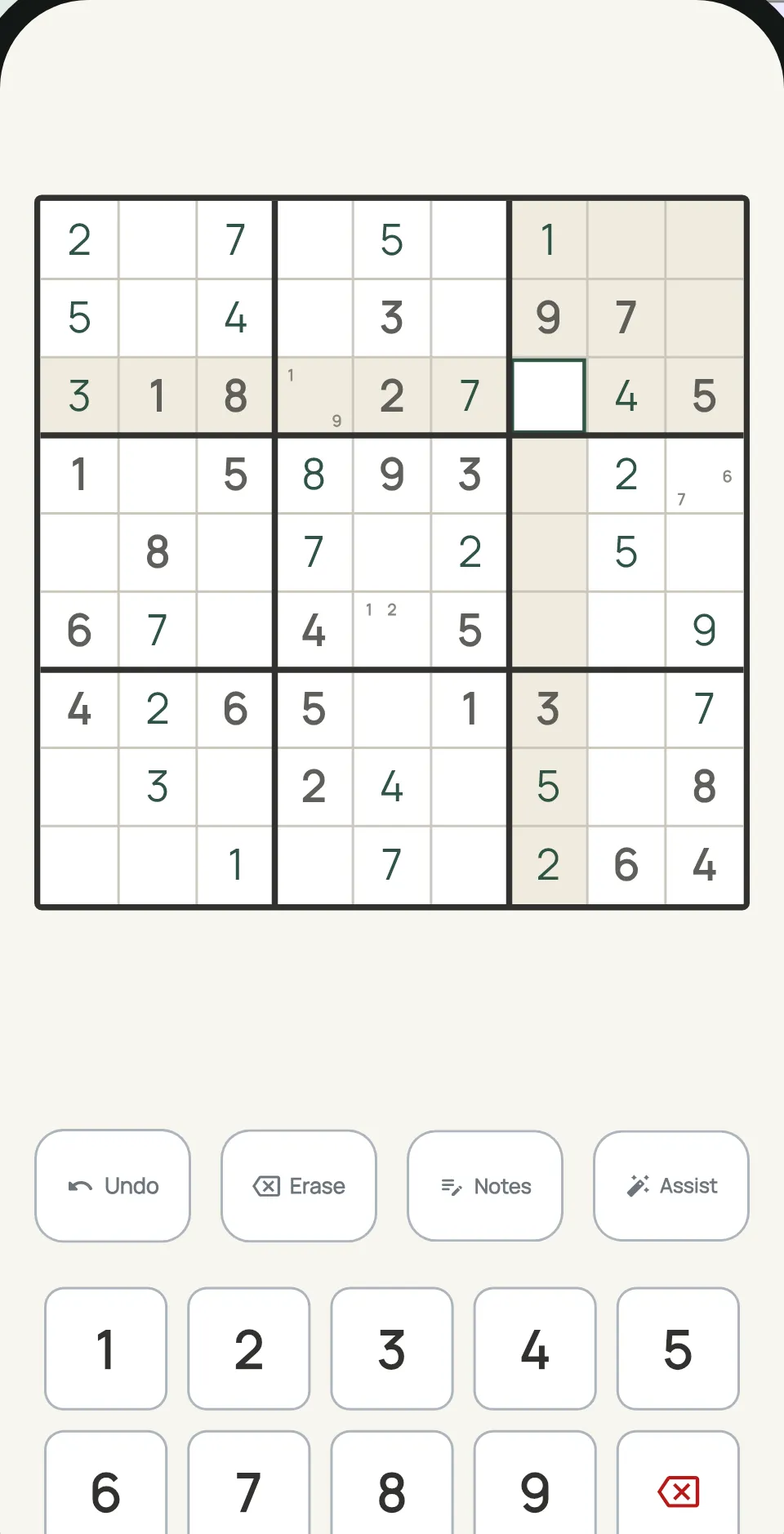 A Dayzle sudoku puzzle mid-solve, with Undo, Erase, Notes, and Assist below the grid