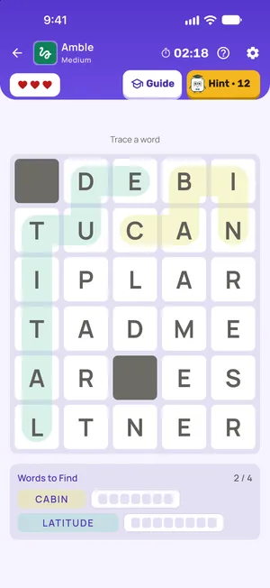 Amble: tracing words that tile a grid