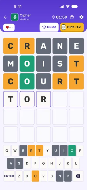Cipher: a five-letter word deduction in progress