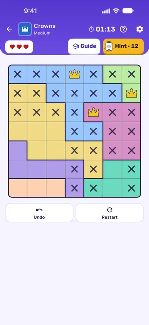 Crowns: one crown in every row, column and colour
