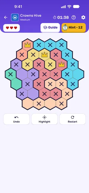 Crowns Hive: Crowns on a hexagonal board