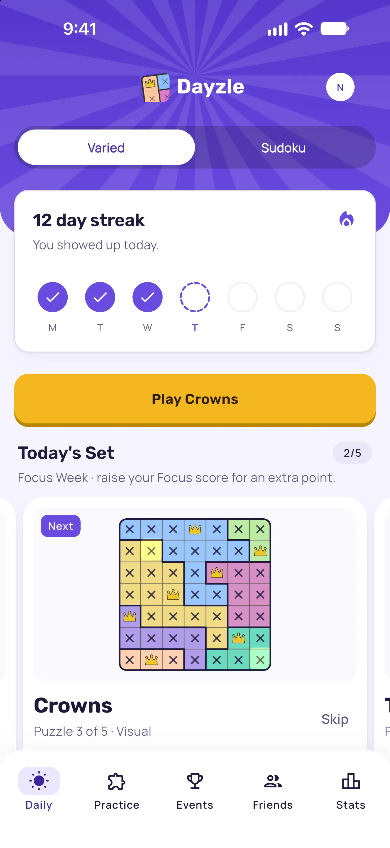 Today's Set on the Daily tab: a 12 day streak, 2 of 5 puzzles done, and Crowns up next with a Play Crowns button