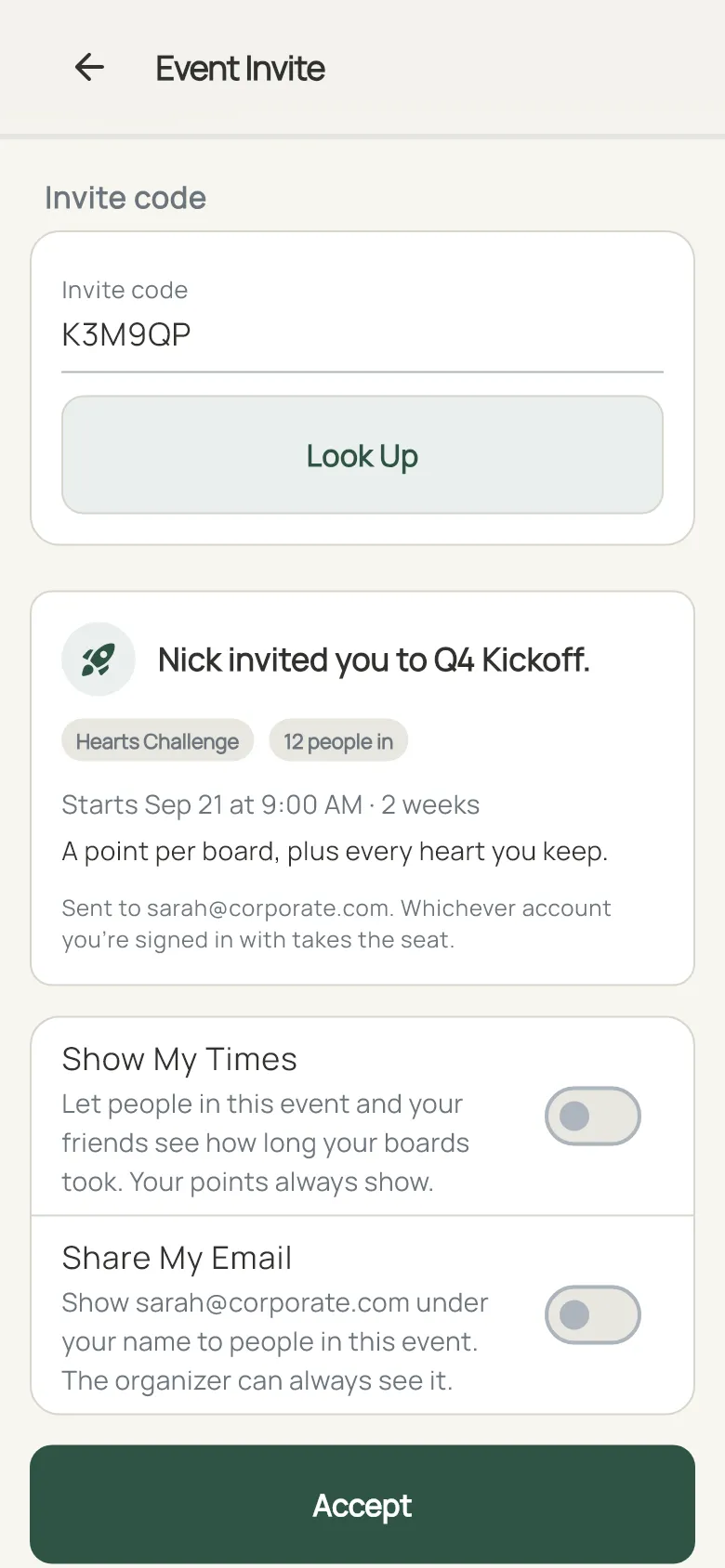 A Dayzle event invite: Nick invited you to Q4 Kickoff, Hearts Challenge, 12 people in, with Show My Times and Share My Email both off and an Accept button