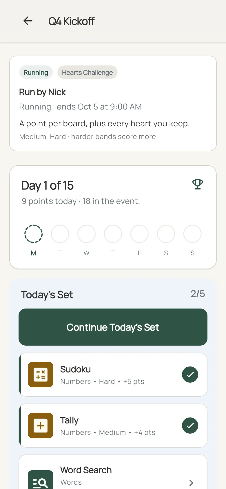 A running Dayzle event, Q4 Kickoff: Day 1 of 15, nine points today, and Today's Set at two of five with Sudoku and Tally already done