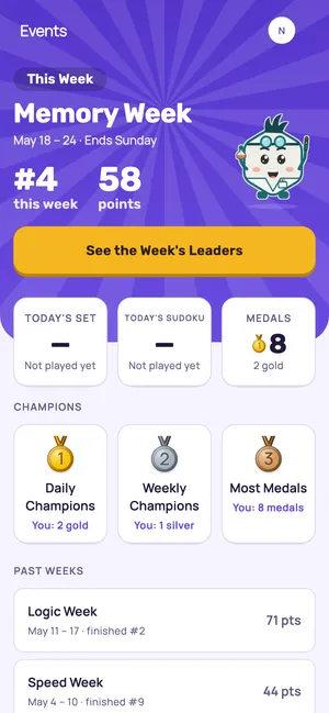 The Events tab: this week's board with your place and points, your medals, and the champions