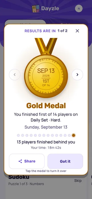 A gold medal the morning after: first of 14 on the Daily Set at Hard