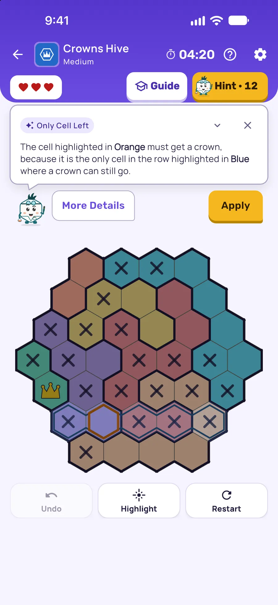 Crowns Hive on iPhone: a hint card teaching Only Cell Left, with the squares it uses lit on the board