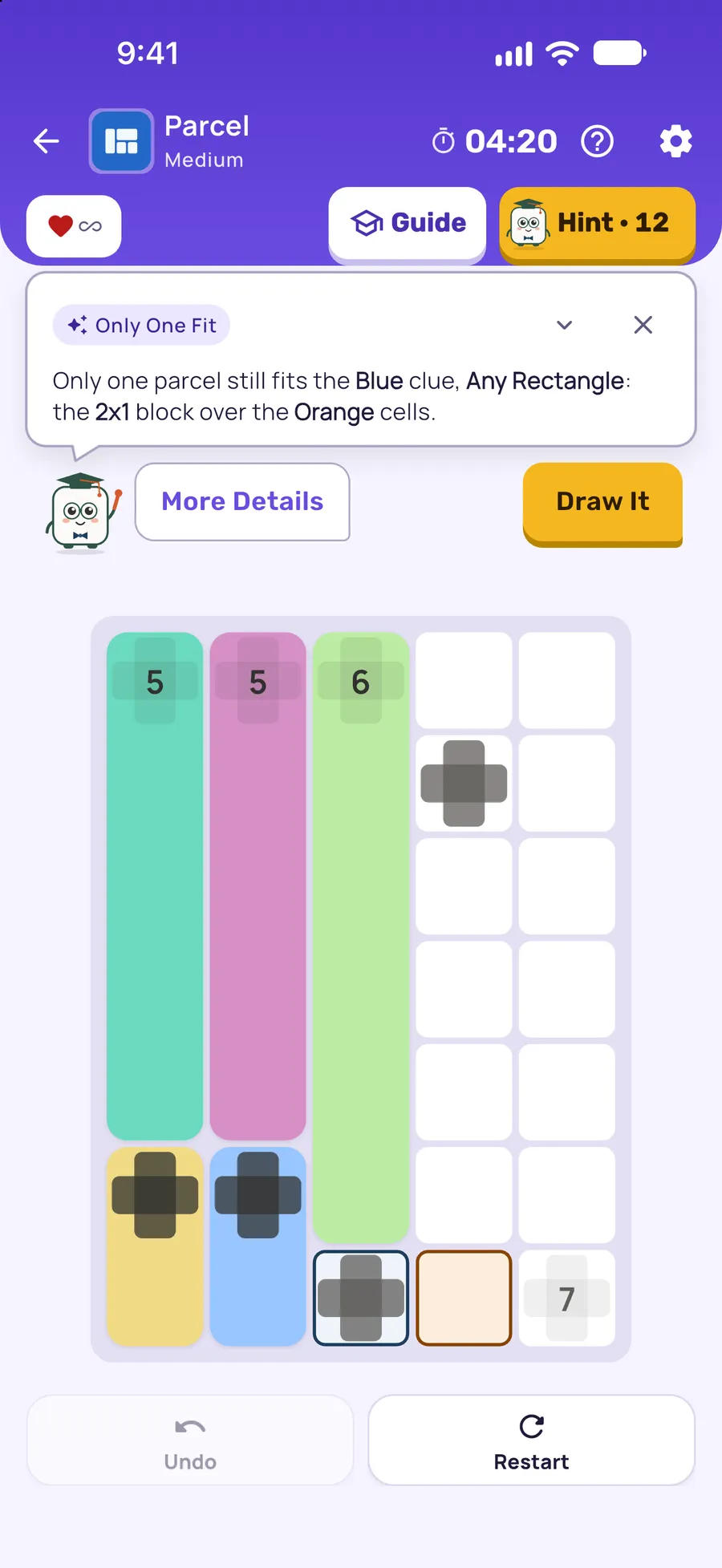 Parcel on iPhone: a hint card teaching Only One Fit, with the squares it uses lit on the board