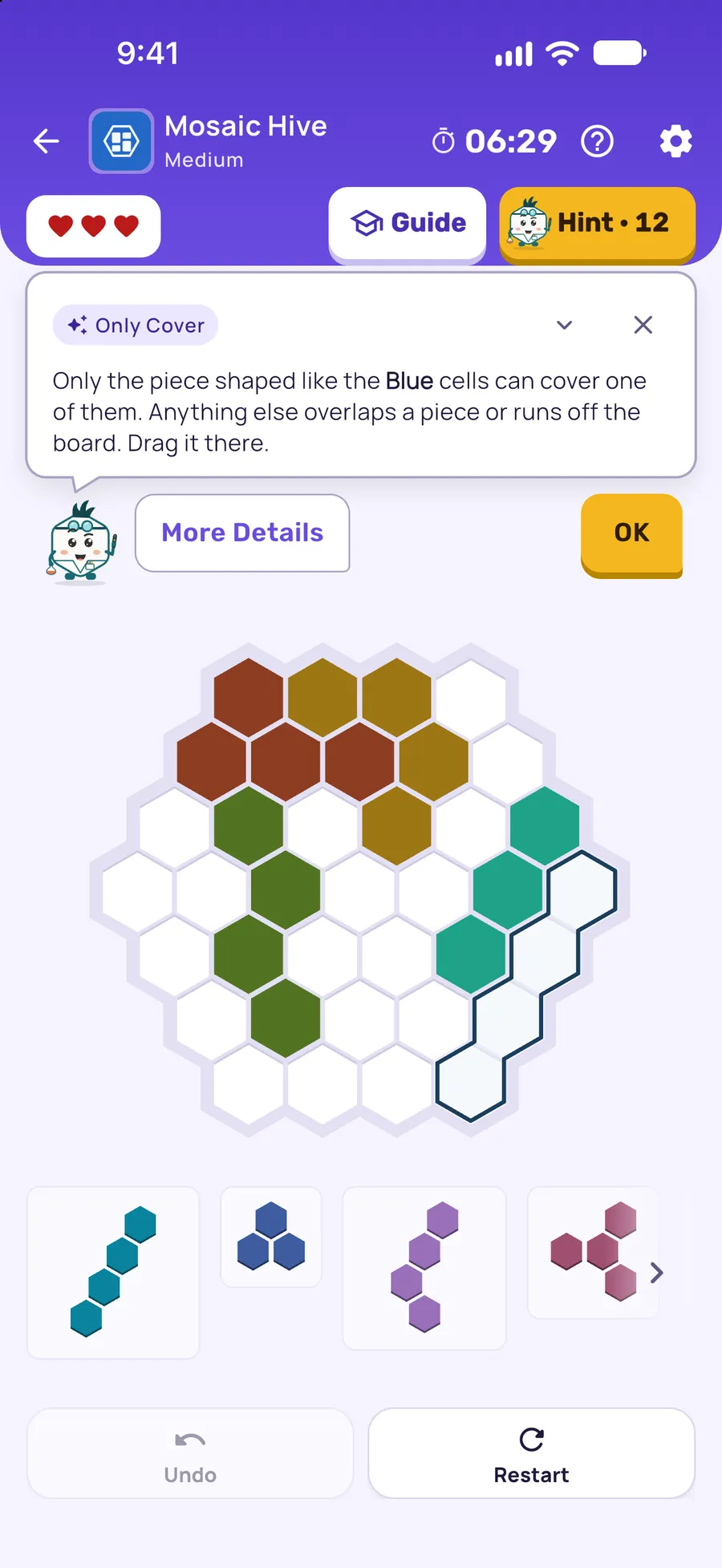 Mosaic Hive on iPhone: a hint card teaching Only Cover, with the squares it uses lit on the board