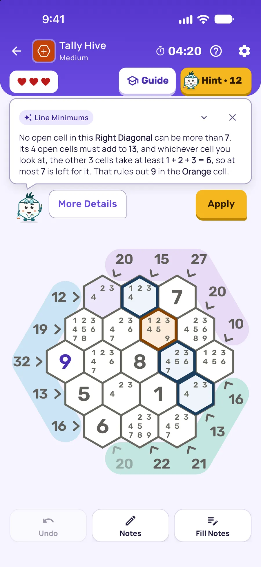 Tally Hive on iPhone: a hint card teaching Line Minimums, with the squares it uses lit on the board