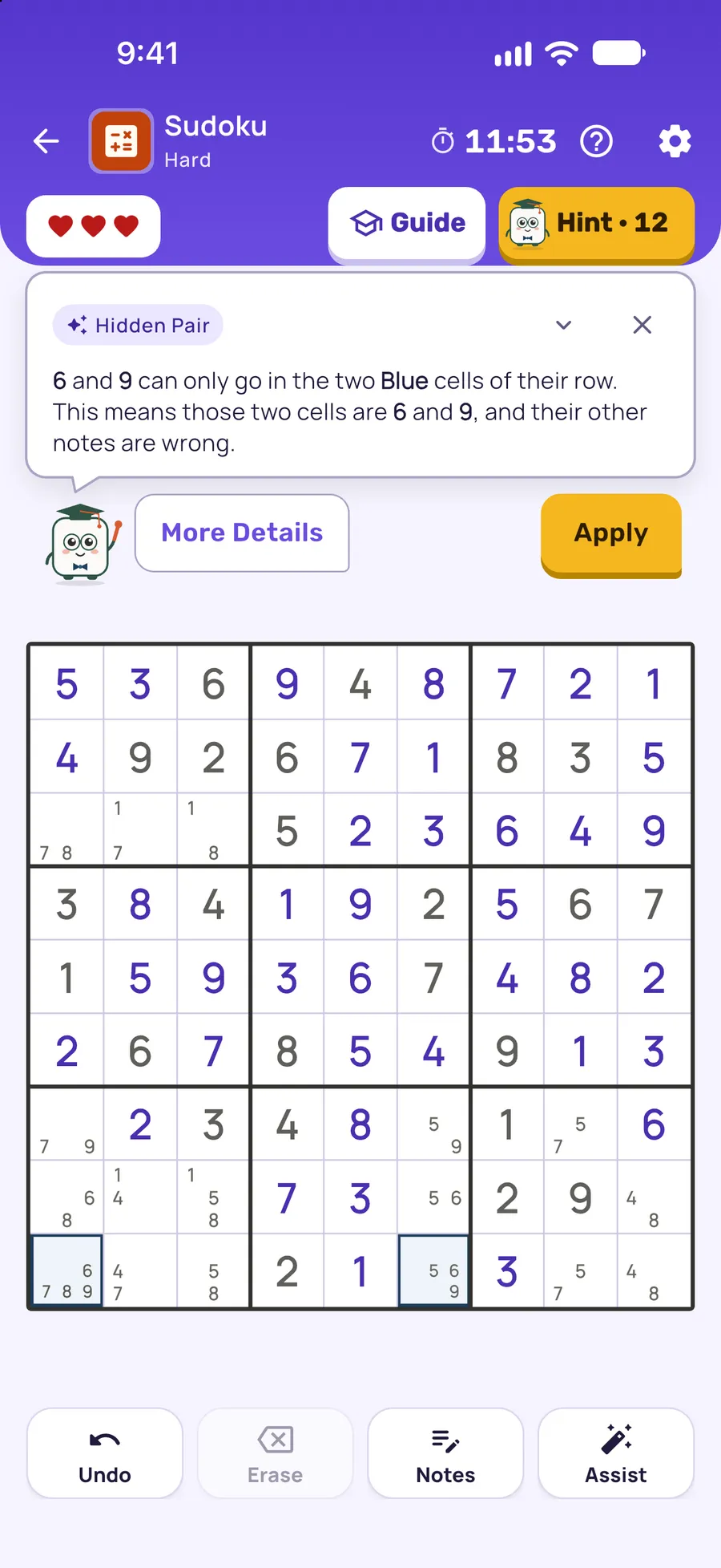 Sudoku on iPhone: a hint card teaching Naked Single, with the squares it uses lit on the board