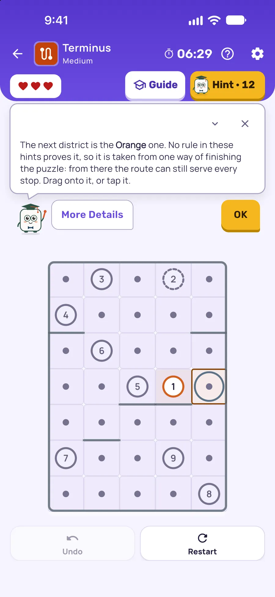 Terminus on iPhone: a hint card explaining the next move