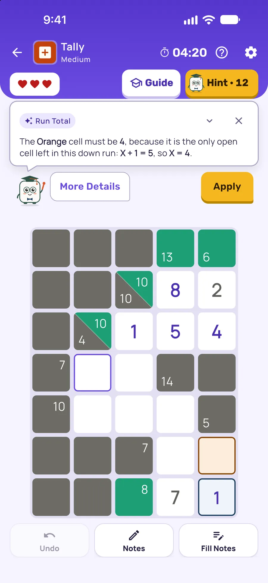 Tally on iPhone: a hint card teaching Run Total, with the squares it uses lit on the board