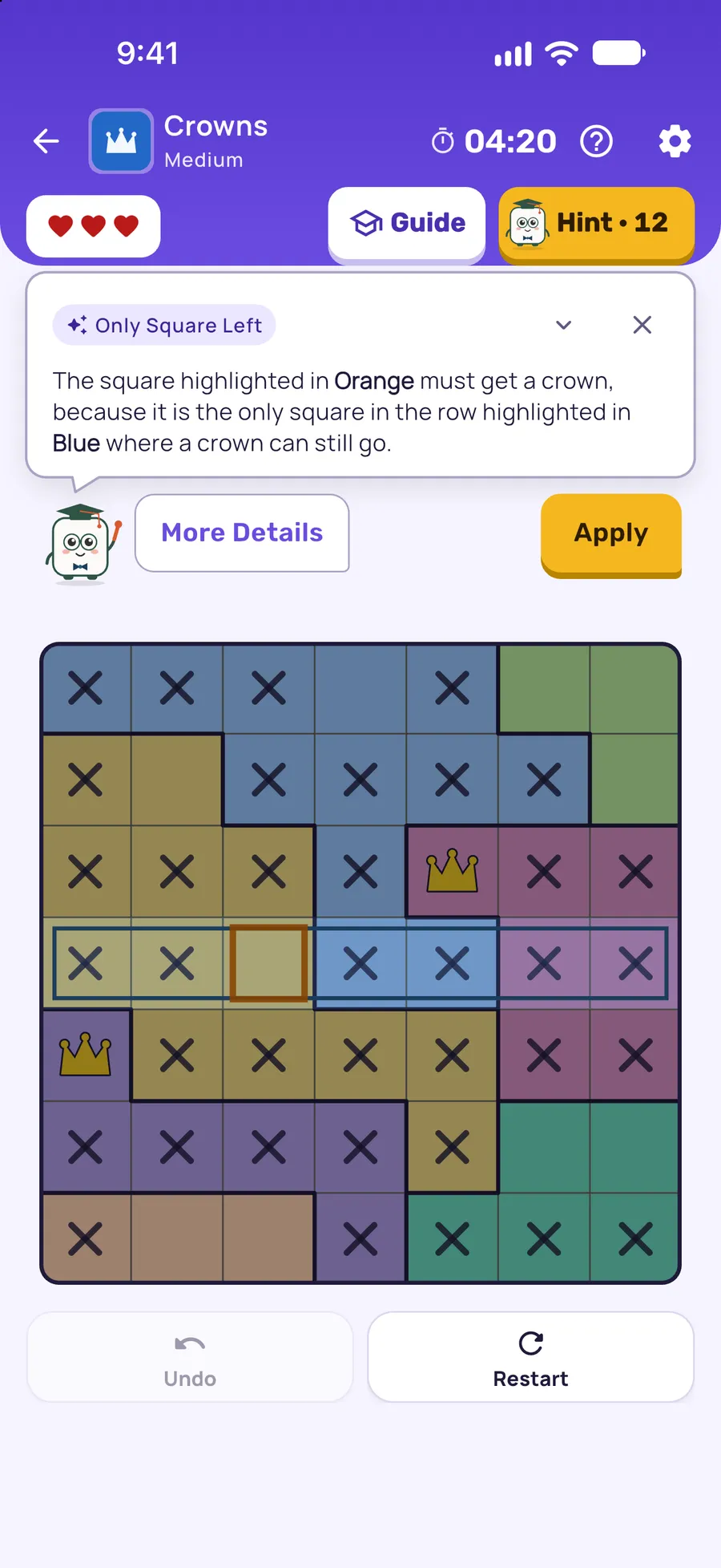 Crowns on iPhone: a hint card teaching Only Square Left, with the squares it uses lit on the board