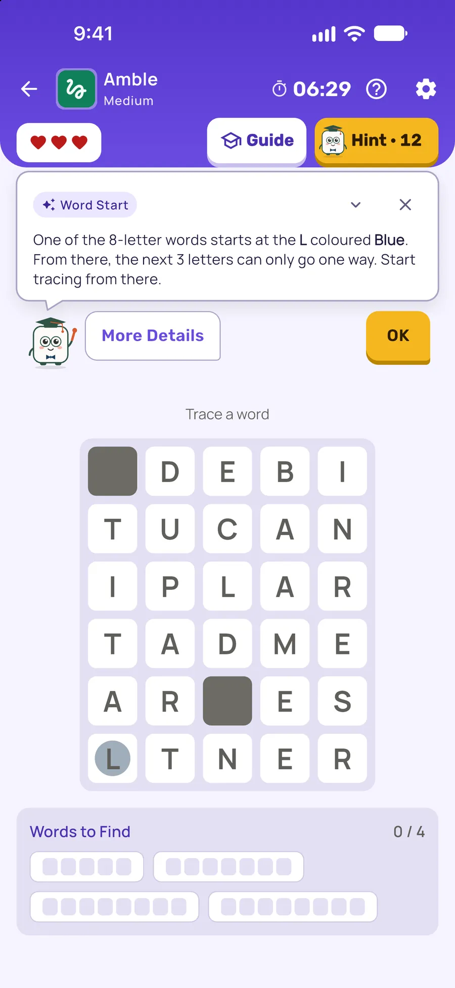 Amble on iPhone: a hint card teaching Word Start, with the squares it uses lit on the board
