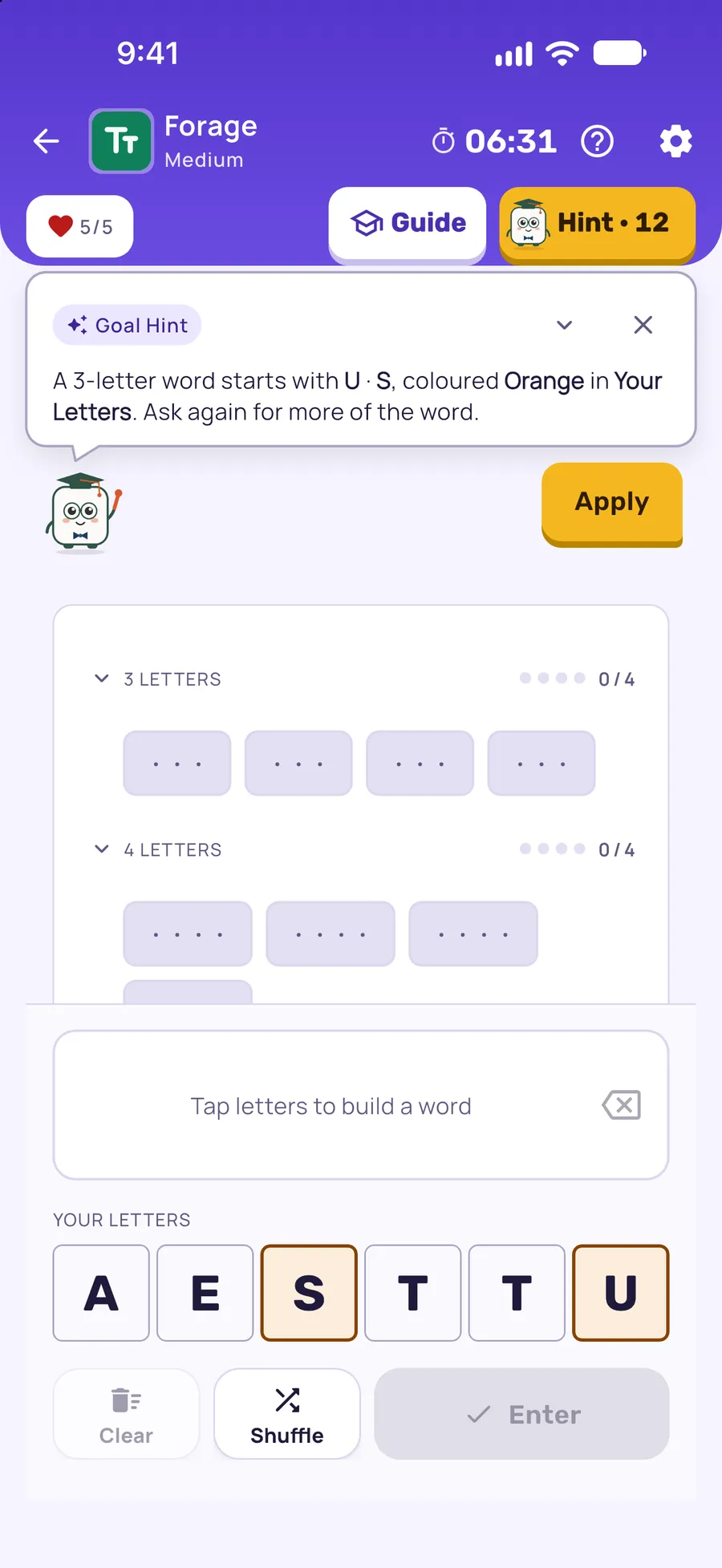 Forage on iPhone: a hint card teaching Goal Hint, with the squares it uses lit on the board
