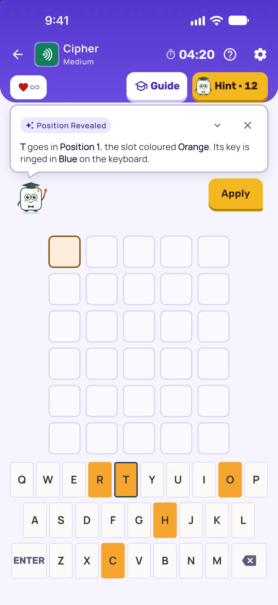 Cipher on iPhone: a hint card teaching Position Revealed, with the squares it uses lit on the board