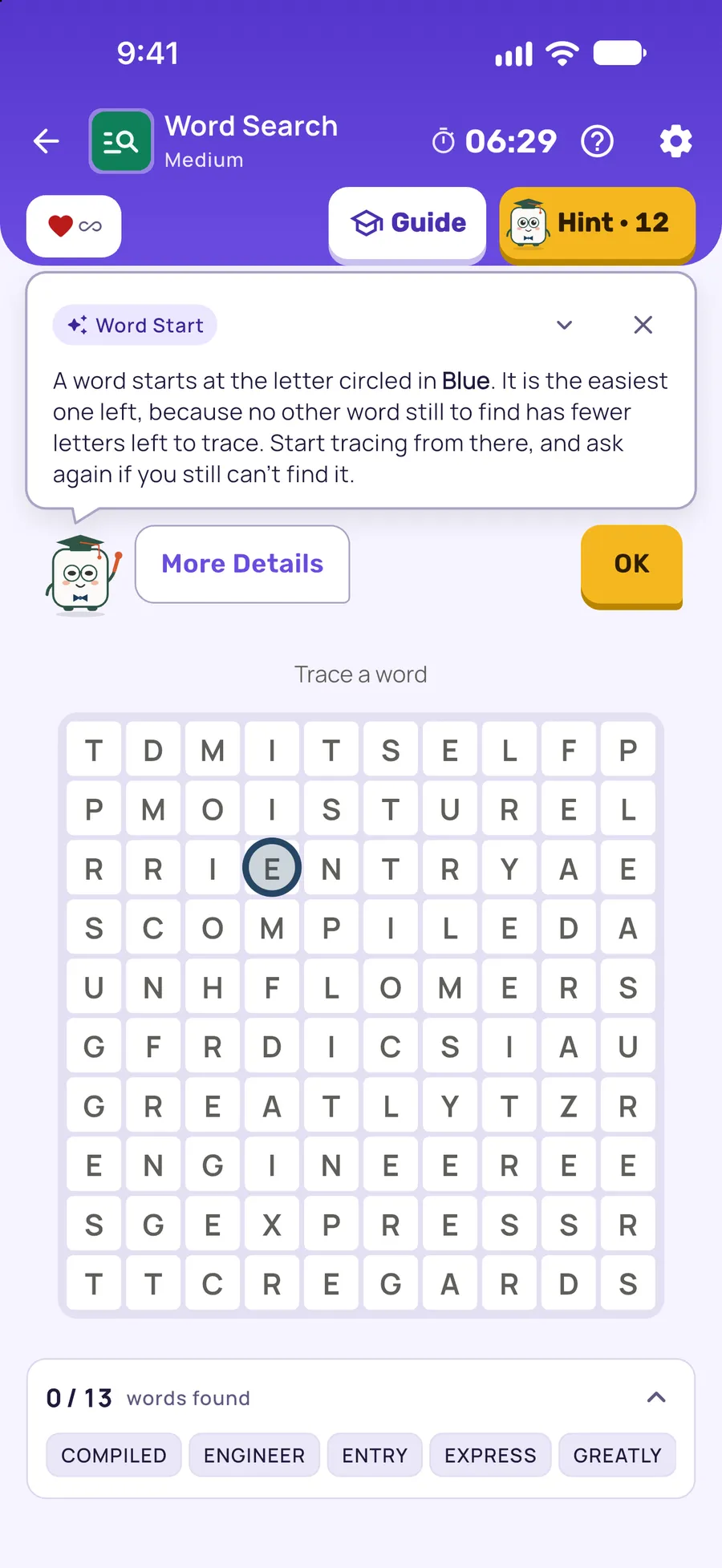Word Search on iPhone: a hint card teaching Word Start, with the squares it uses lit on the board