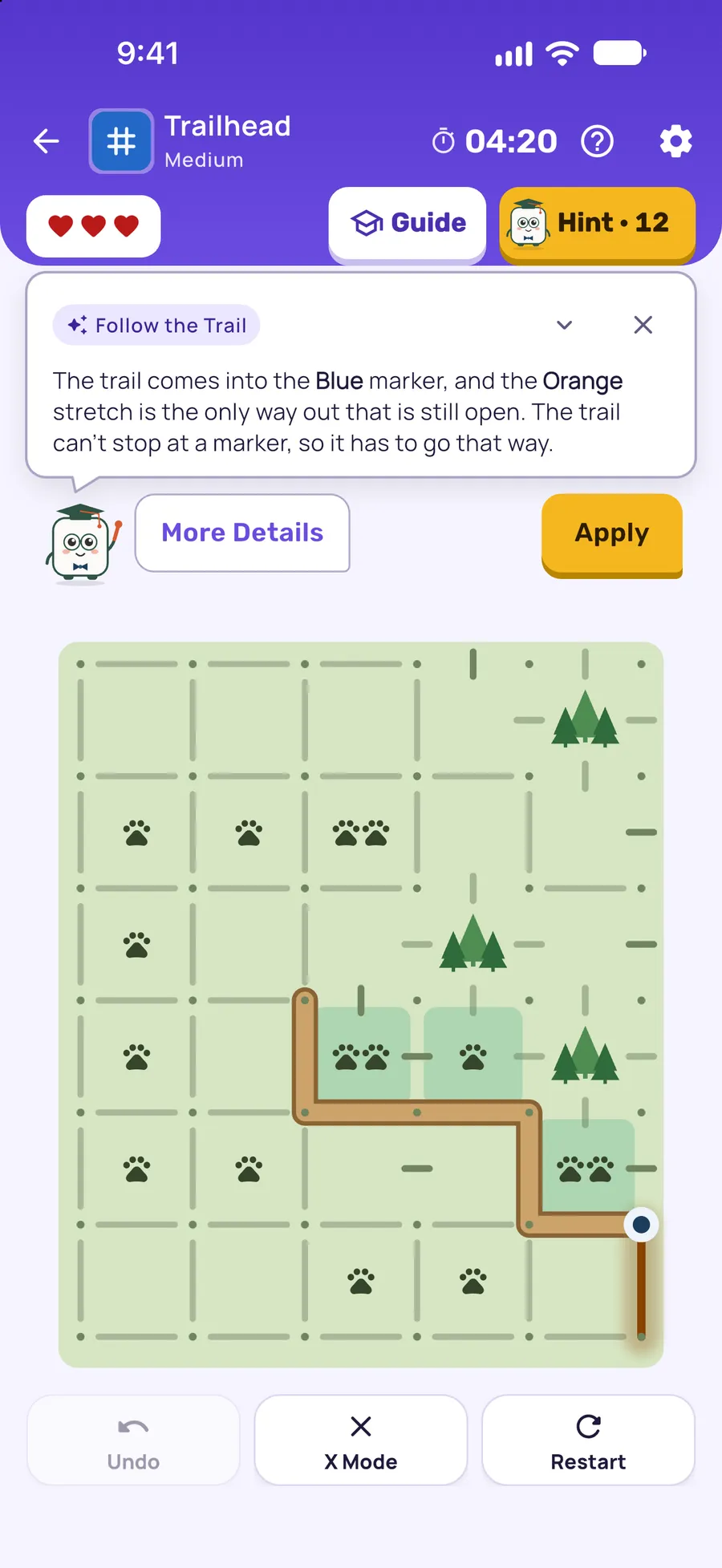 Trailhead on iPhone: a hint card teaching Follow the Trail, with the squares it uses lit on the board