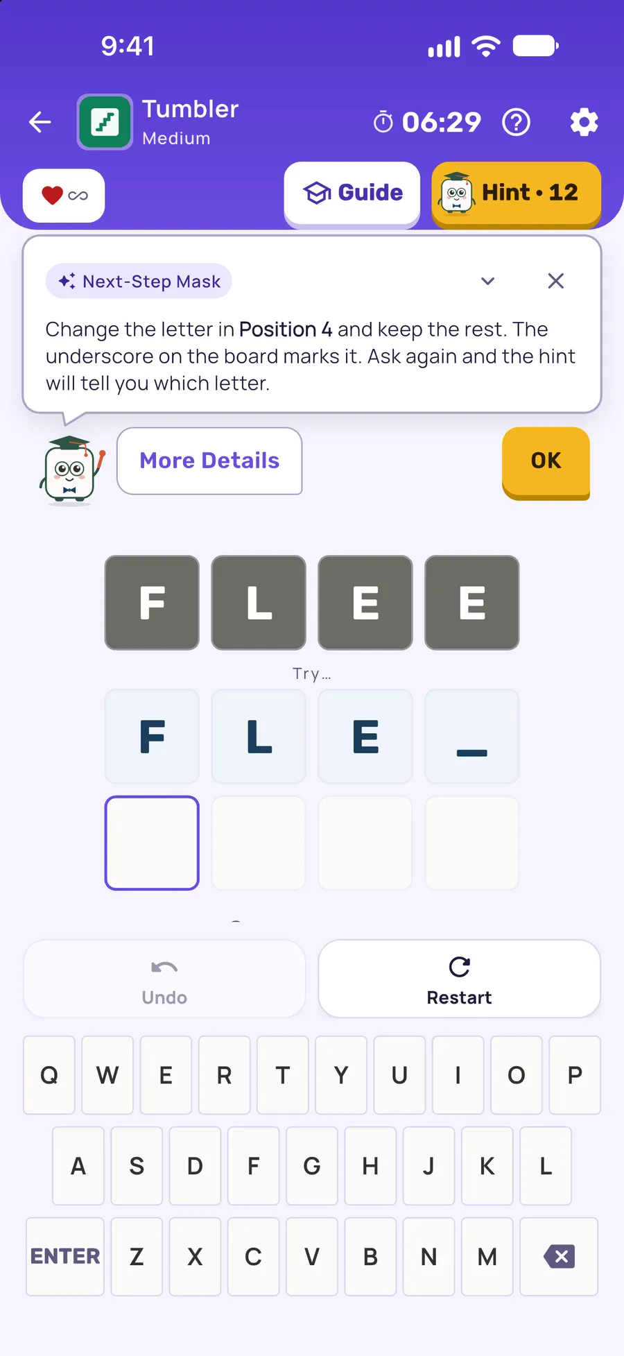 Tumbler on iPhone: a hint card teaching Next-Step Mask, with the squares it uses lit on the board