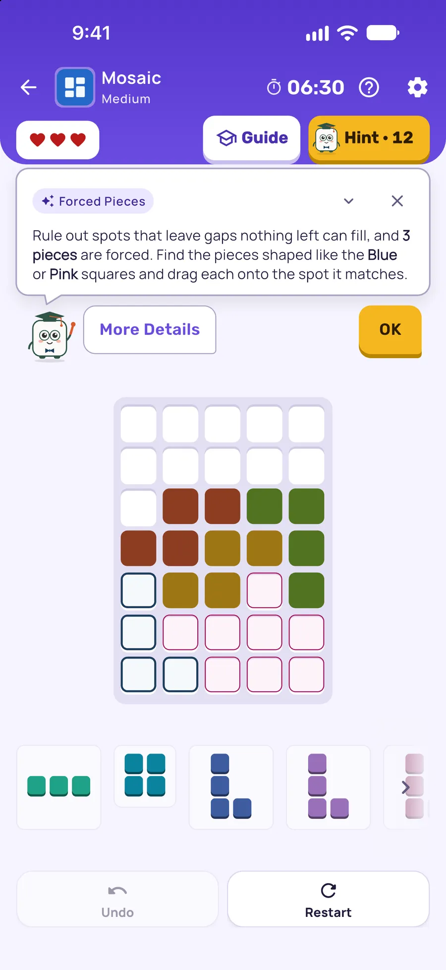 Mosaic on iPhone: a hint card teaching Forced Pieces, with the squares it uses lit on the board