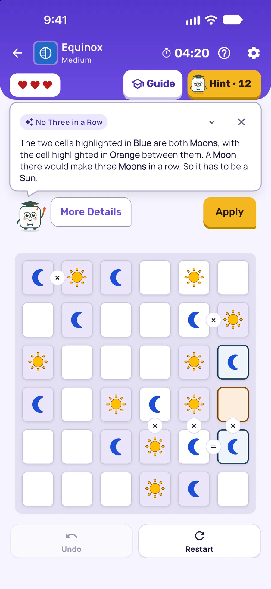 Equinox on iPhone: a hint card teaching No Three in a Row, with the squares it uses lit on the board