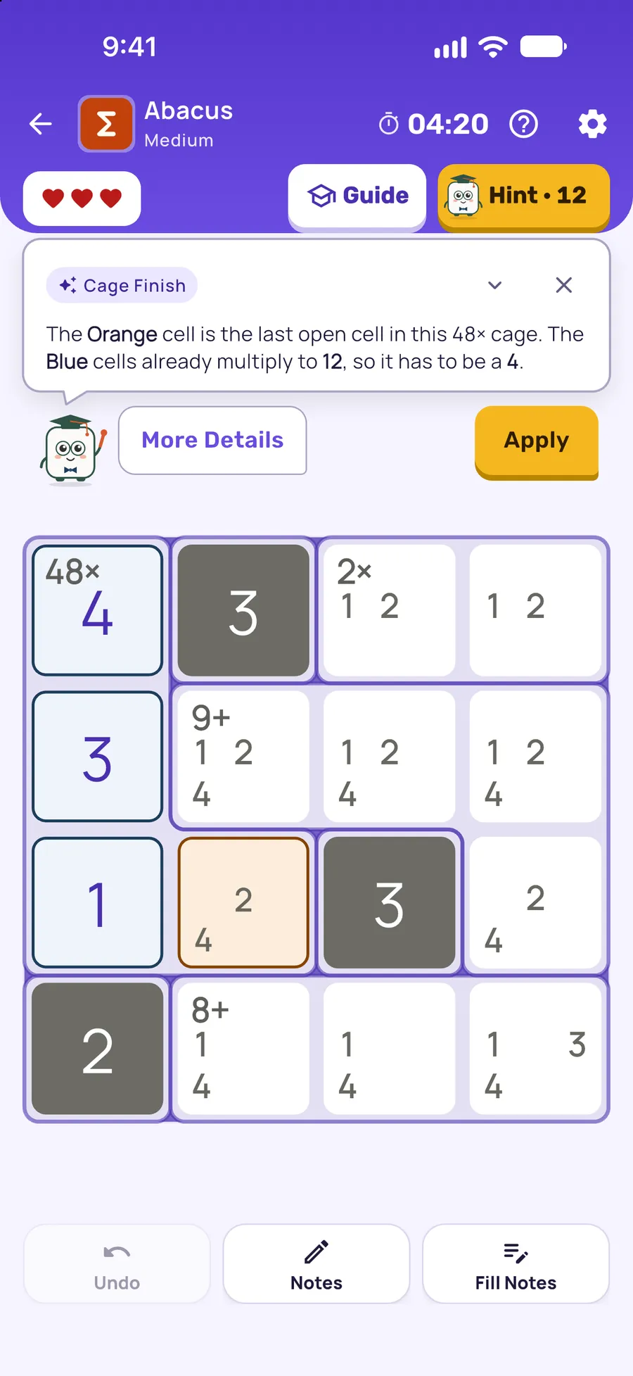 Abacus on iPhone: a hint card teaching Cage Finish, with the squares it uses lit on the board