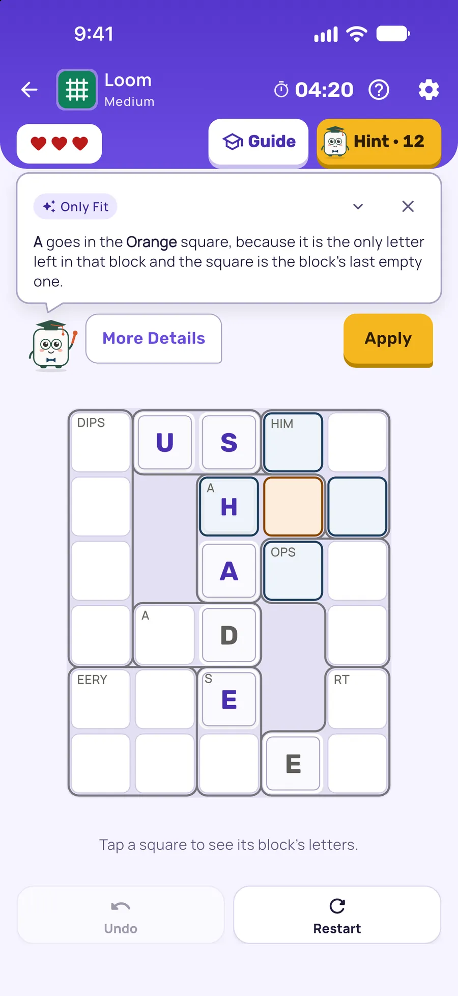 Loom on iPhone: a hint card teaching Only Fit, with the squares it uses lit on the board