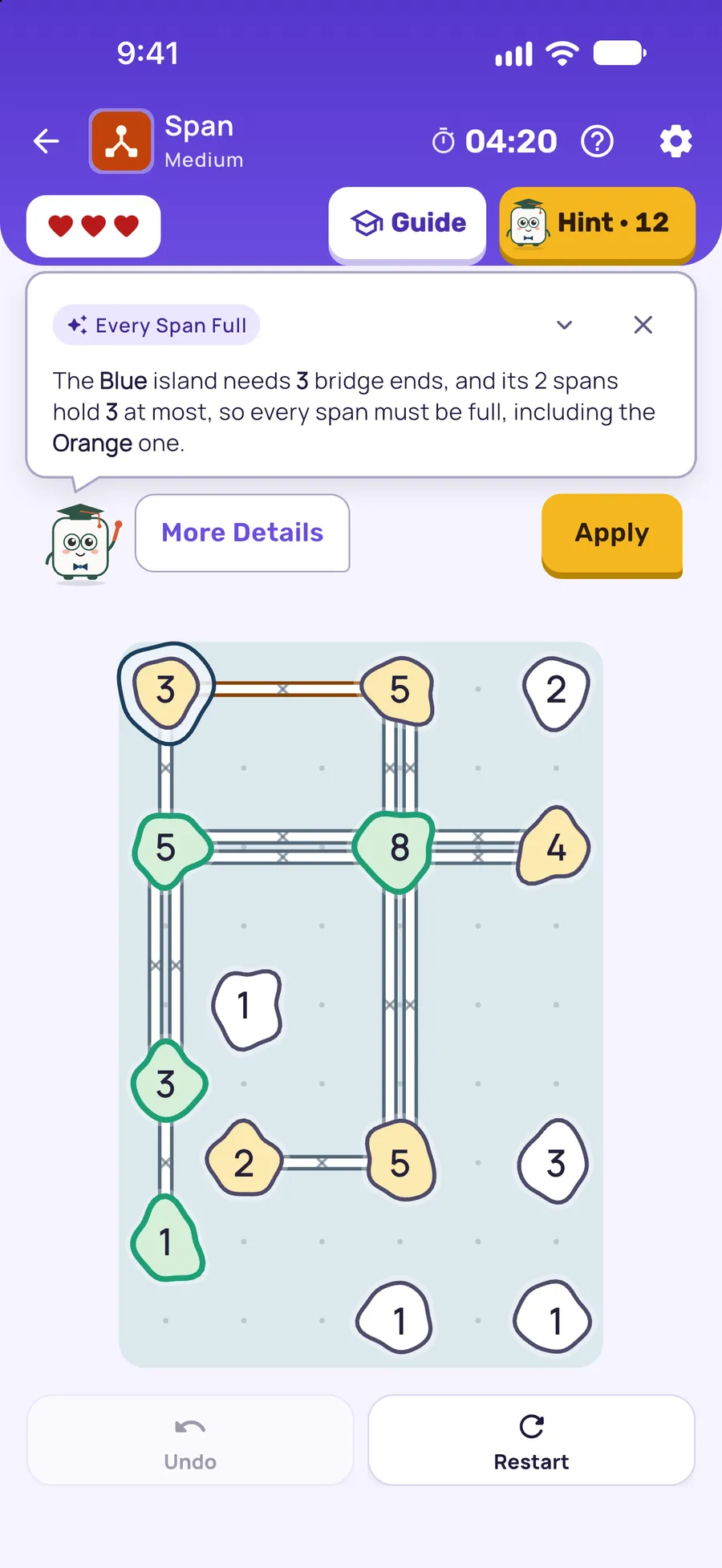 Span on iPhone: a hint card teaching Every Span Full, with the squares it uses lit on the board