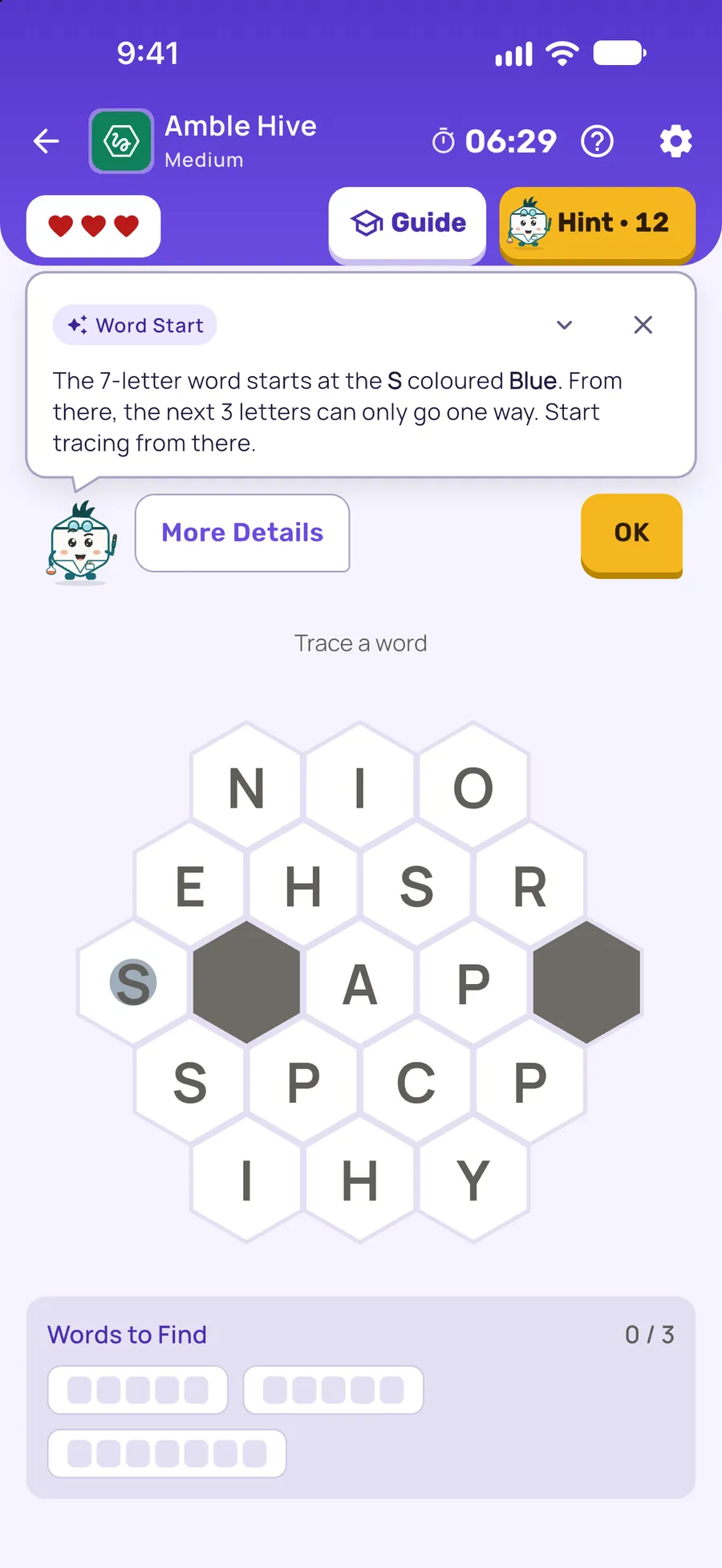 Amble Hive on iPhone: a hint card teaching Word Start, with the squares it uses lit on the board