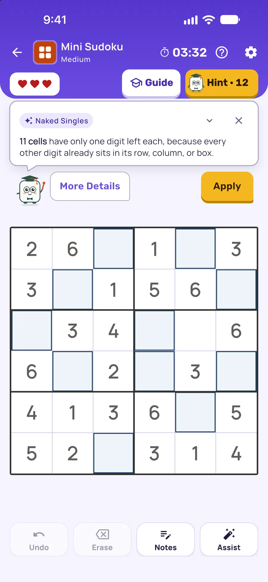 Mini Sudoku on iPhone: a hint card teaching Naked Singles, with the squares it uses lit on the board