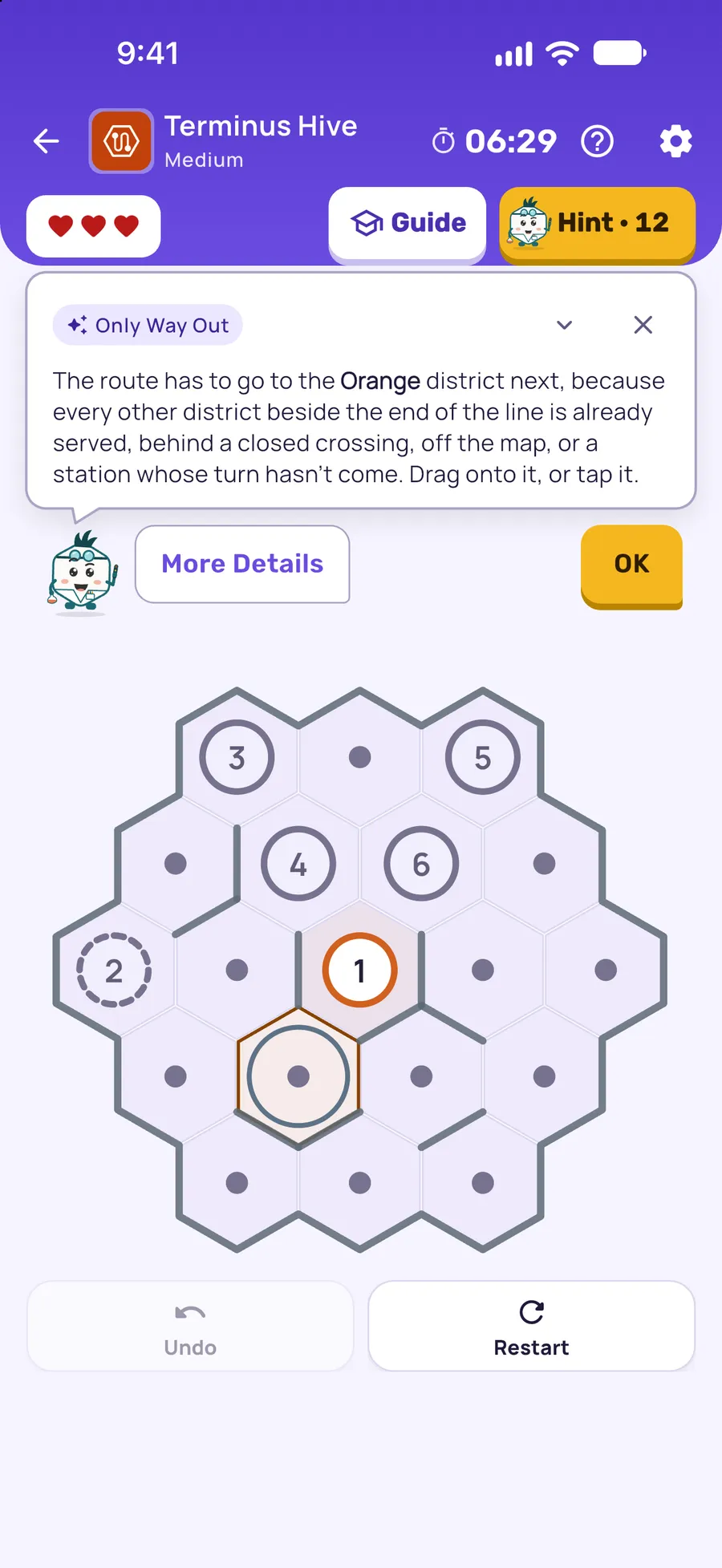 Terminus Hive on iPhone: a hint card teaching Only Way Out, with the squares it uses lit on the board