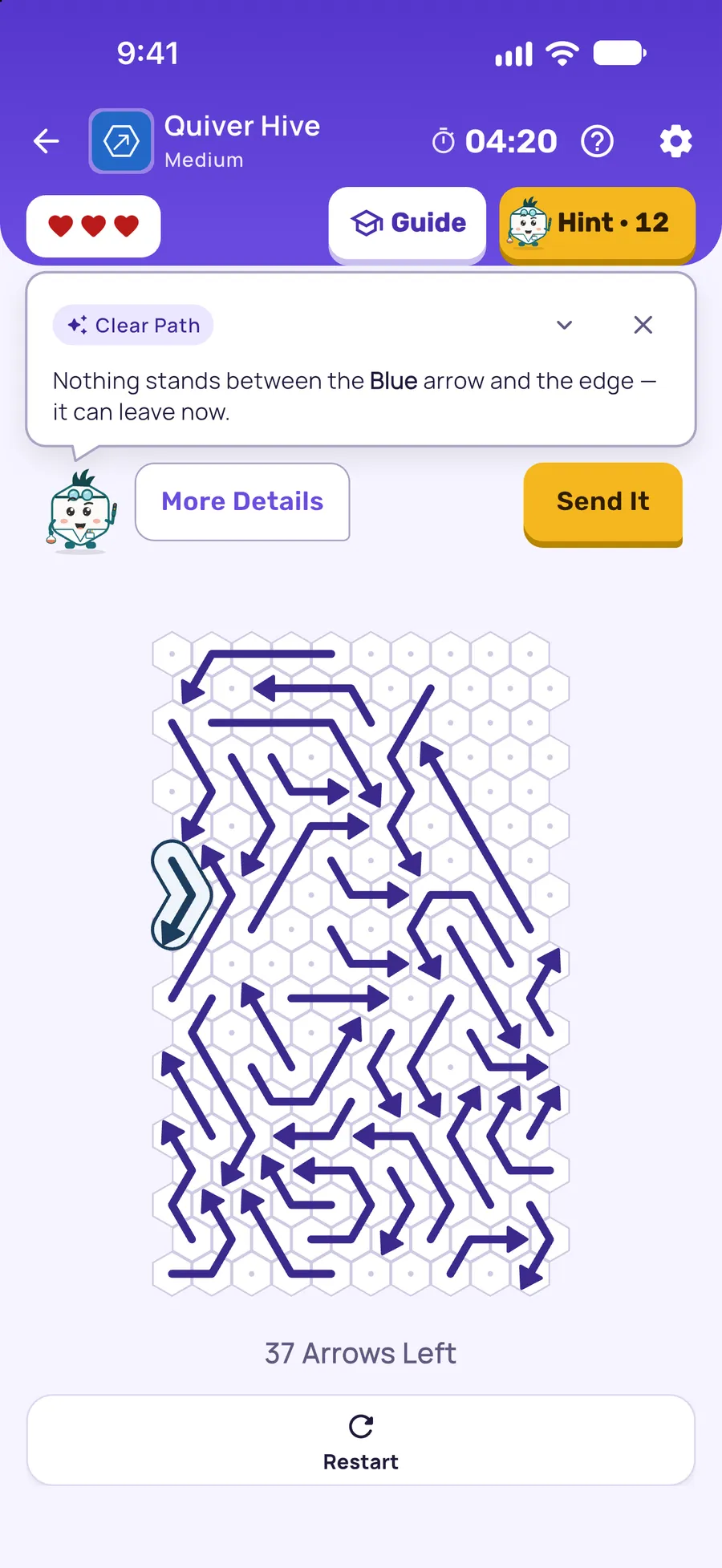 Quiver Hive on iPhone: a hint lighting an arrow with a clear path
