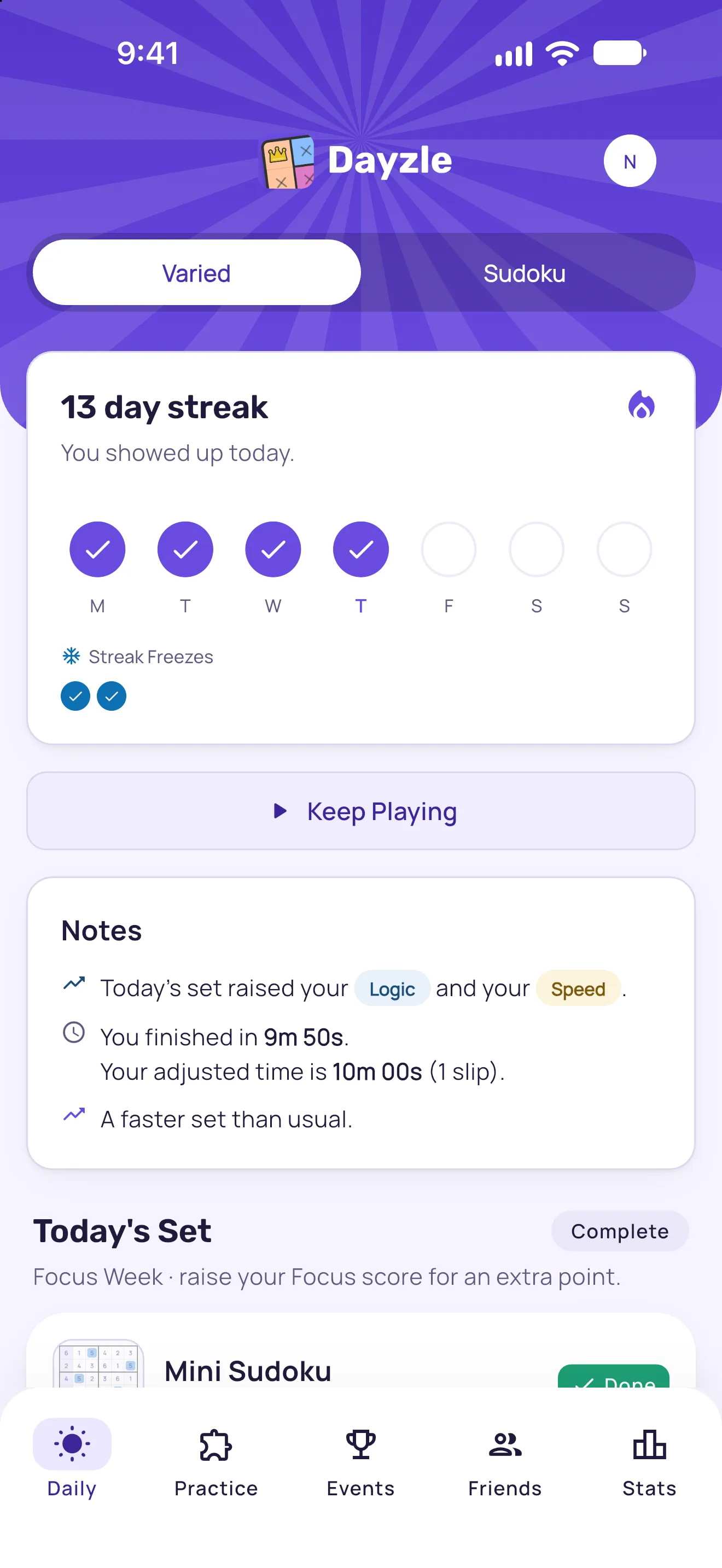 Today's set complete: a 13 day streak with two banked streak freezes, notes on the day's play, and all five games ticked off