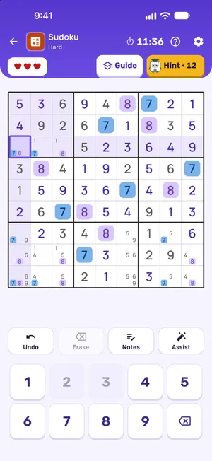 Sudoku mid-solve, with pencil notes