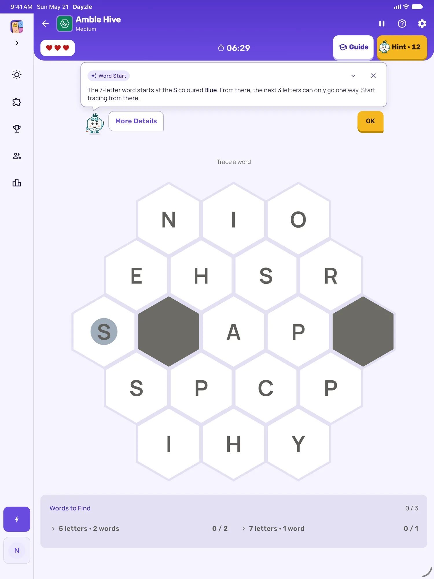 Amble Hive on iPad: a hint card teaching Word Start, with the squares it uses lit on the board