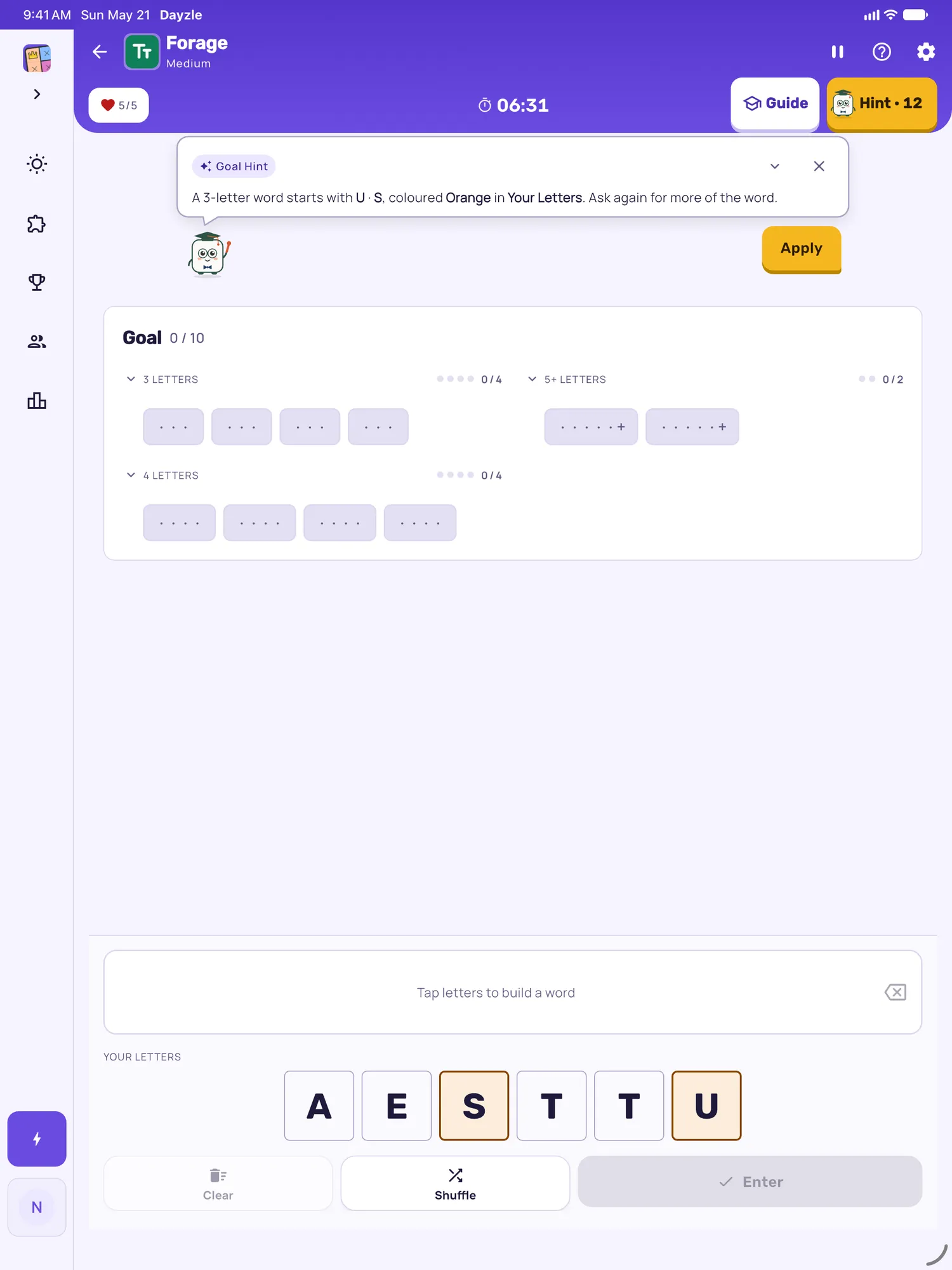 Forage on iPad: a hint card teaching Goal Hint, with the squares it uses lit on the board