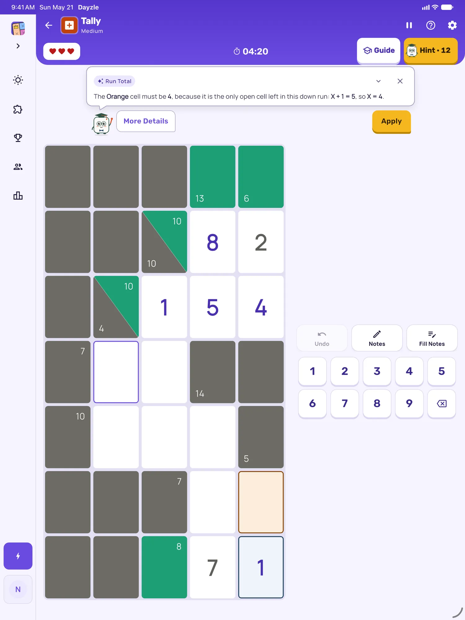 Tally on iPad: a hint card teaching Run Total, with the squares it uses lit on the board