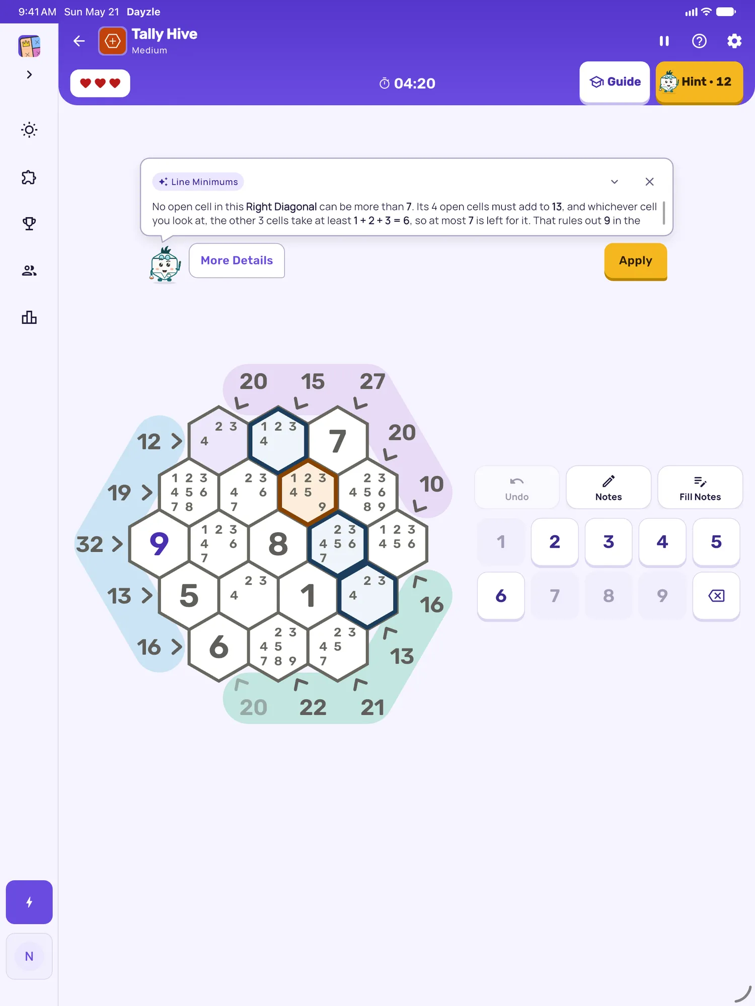 Tally Hive on iPad: a hint card teaching Line Minimums, with the squares it uses lit on the board