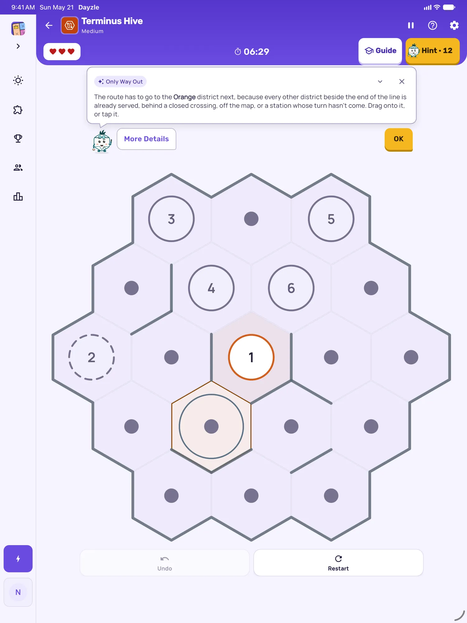 Terminus Hive on iPad: a hint card teaching Only Way Out, with the squares it uses lit on the board