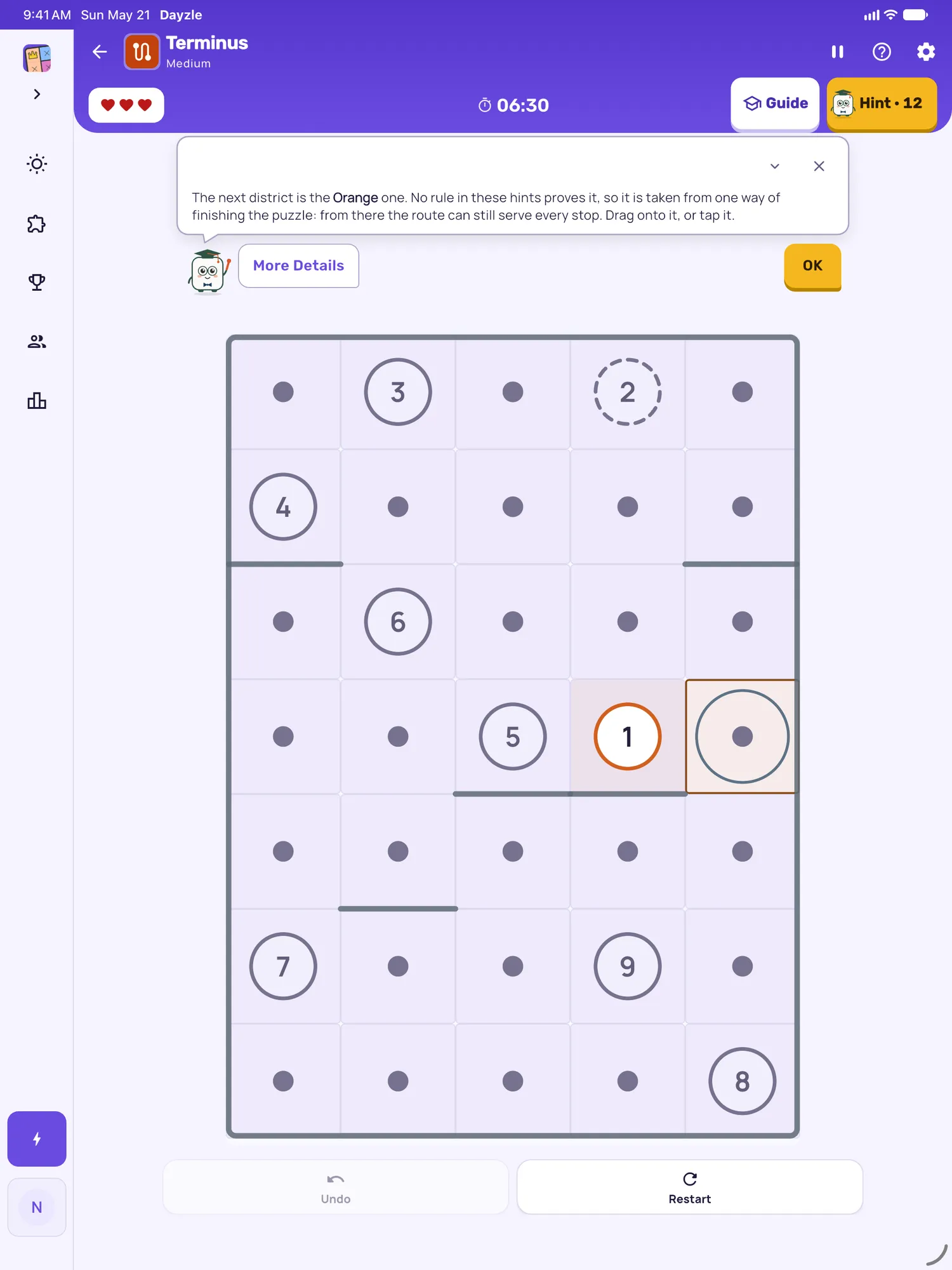 Terminus on iPad: a hint card explaining the next move