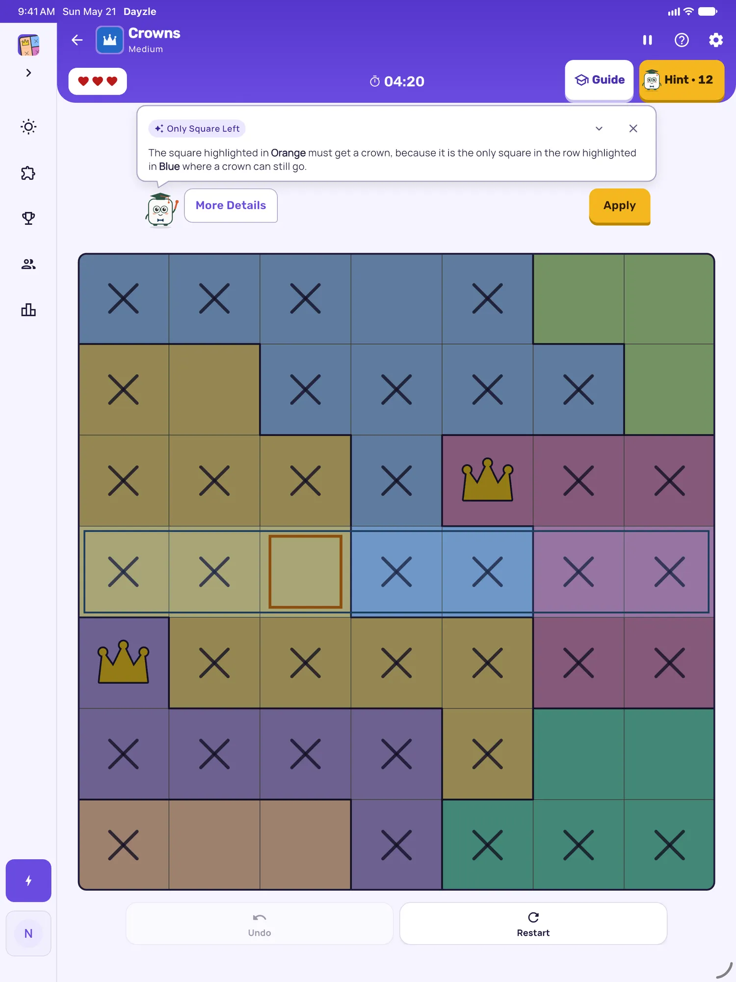 Crowns on iPad: a hint card teaching Only Square Left, with the squares it uses lit on the board
