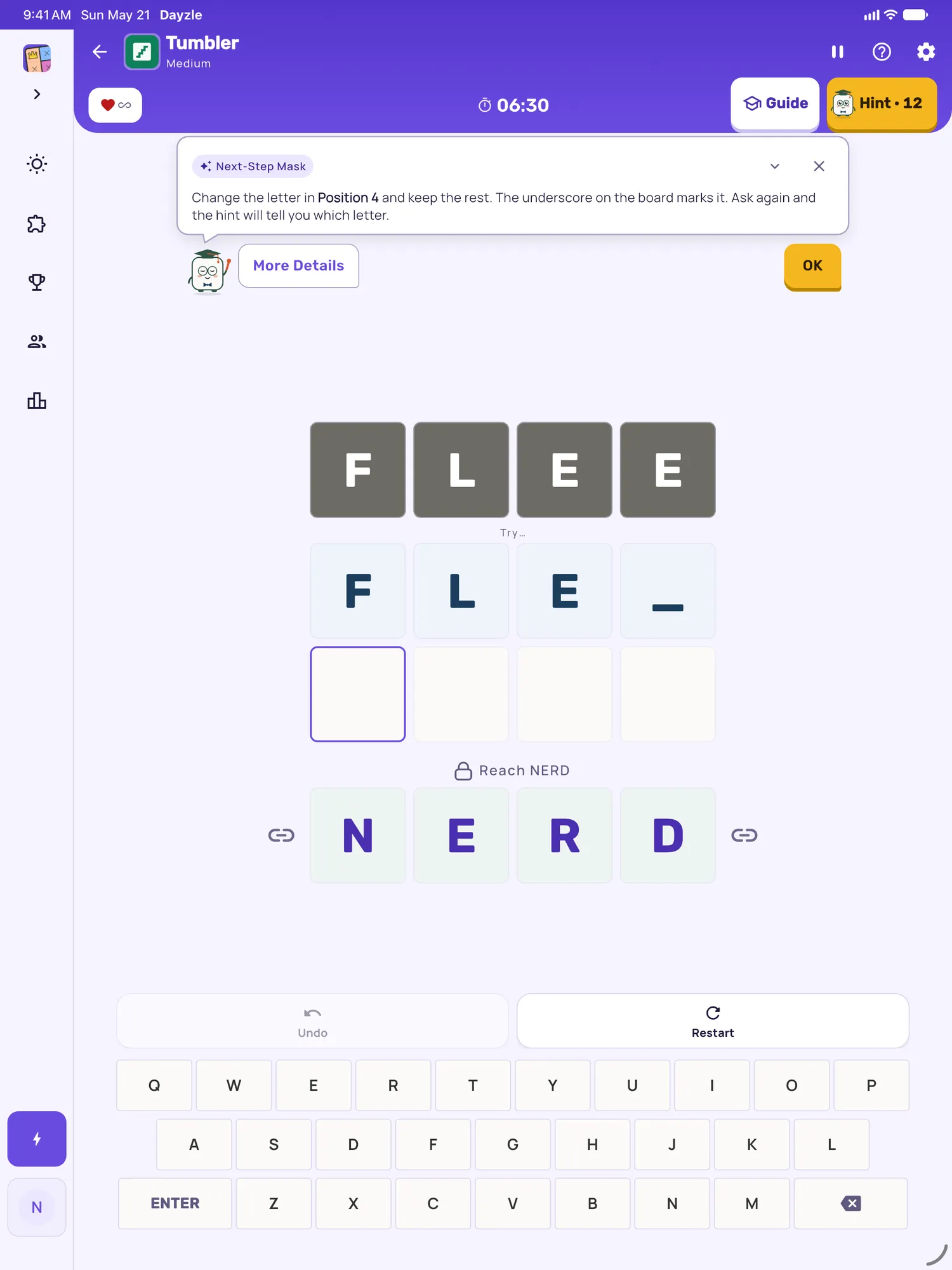 Tumbler on iPad: a hint card teaching Next-Step Mask, with the squares it uses lit on the board