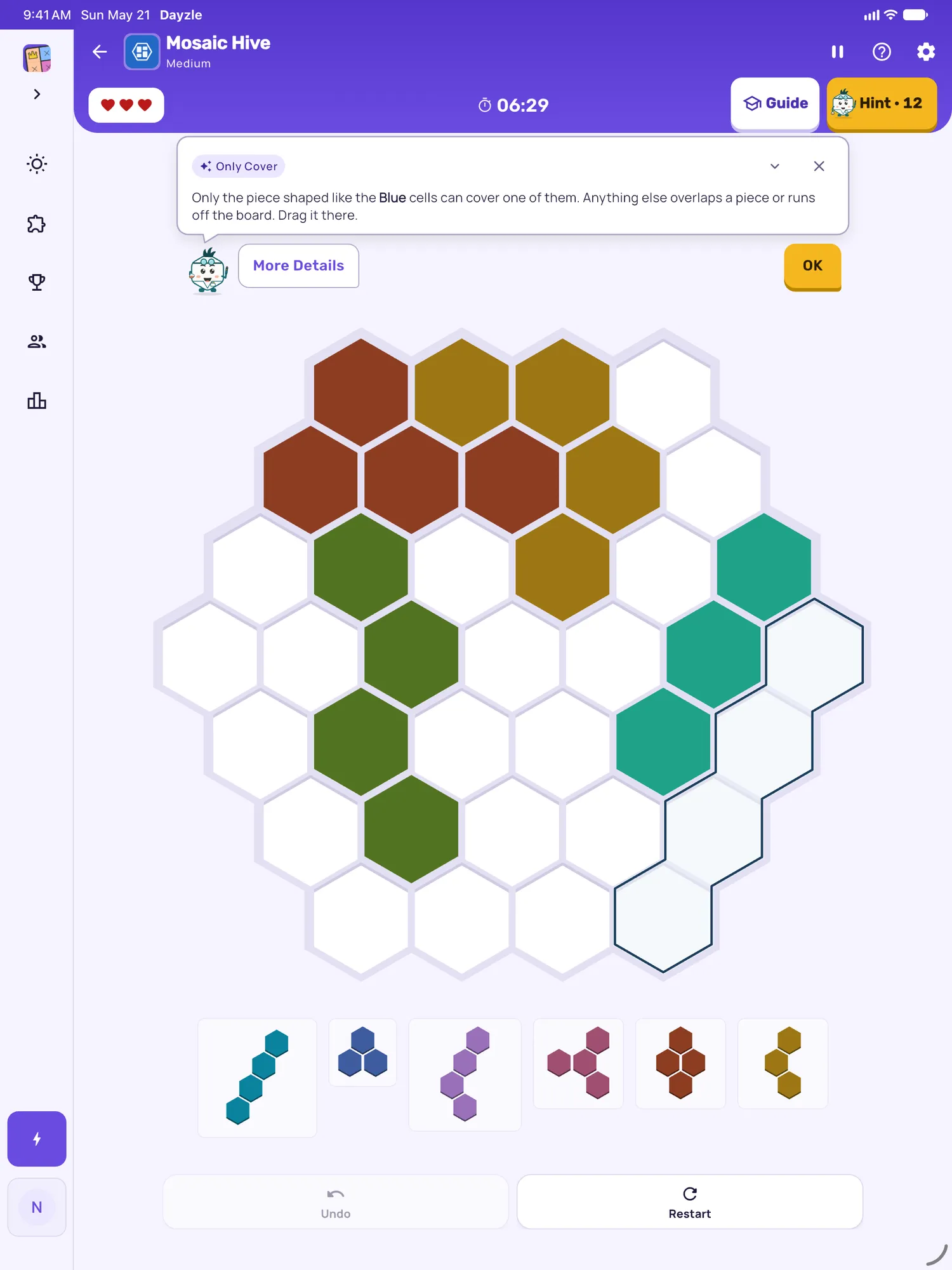 Mosaic Hive on iPad: a hint card teaching Only Cover, with the squares it uses lit on the board