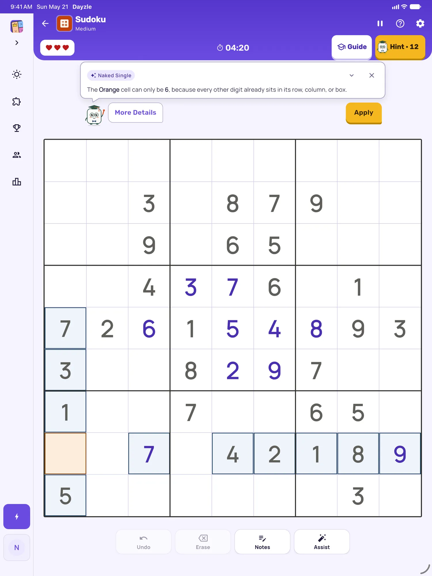 Sudoku on iPad: a hint card teaching Naked Single, with the squares it uses lit on the board
