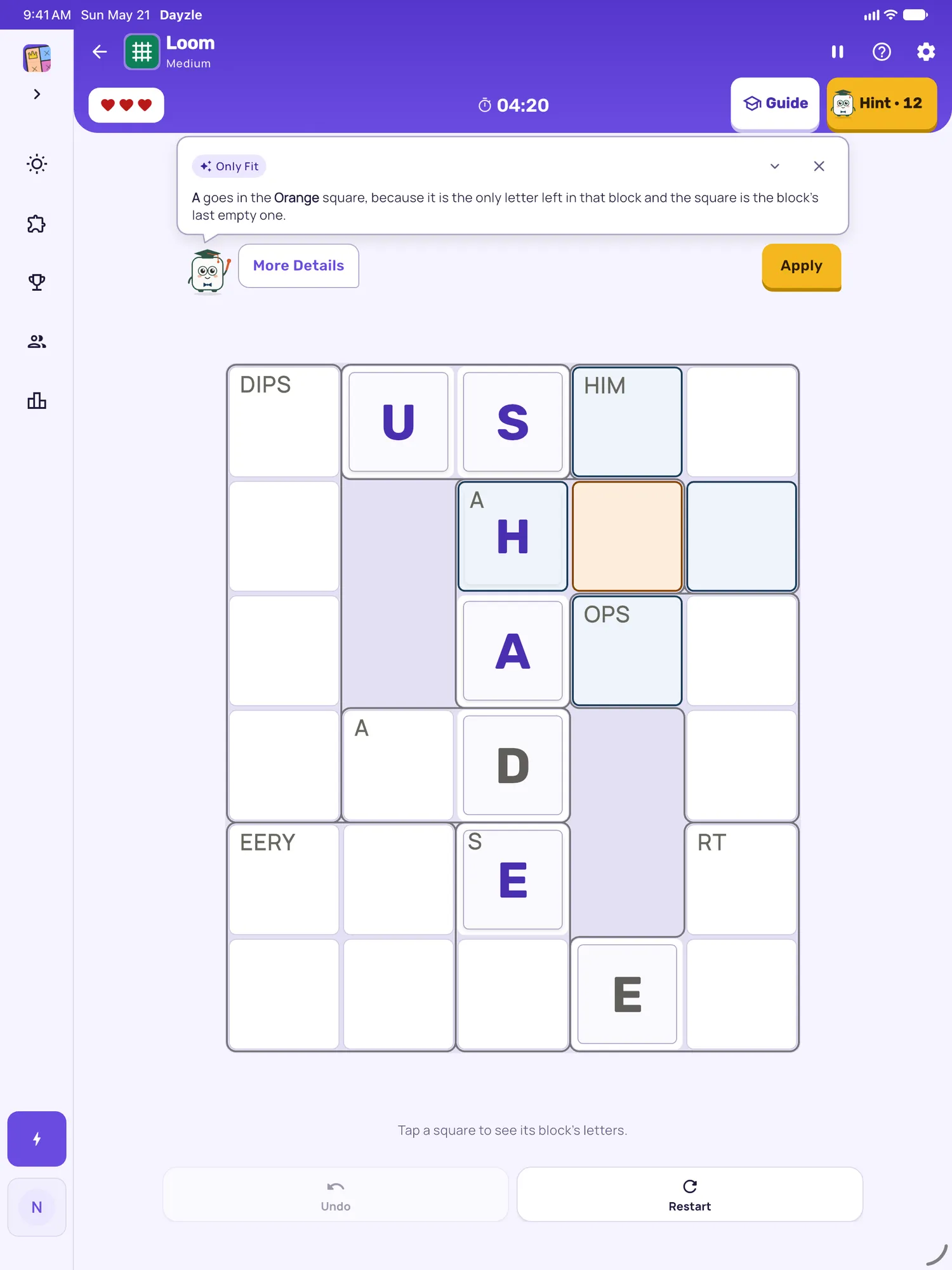 Loom on iPad: a hint card teaching Only Fit, with the squares it uses lit on the board