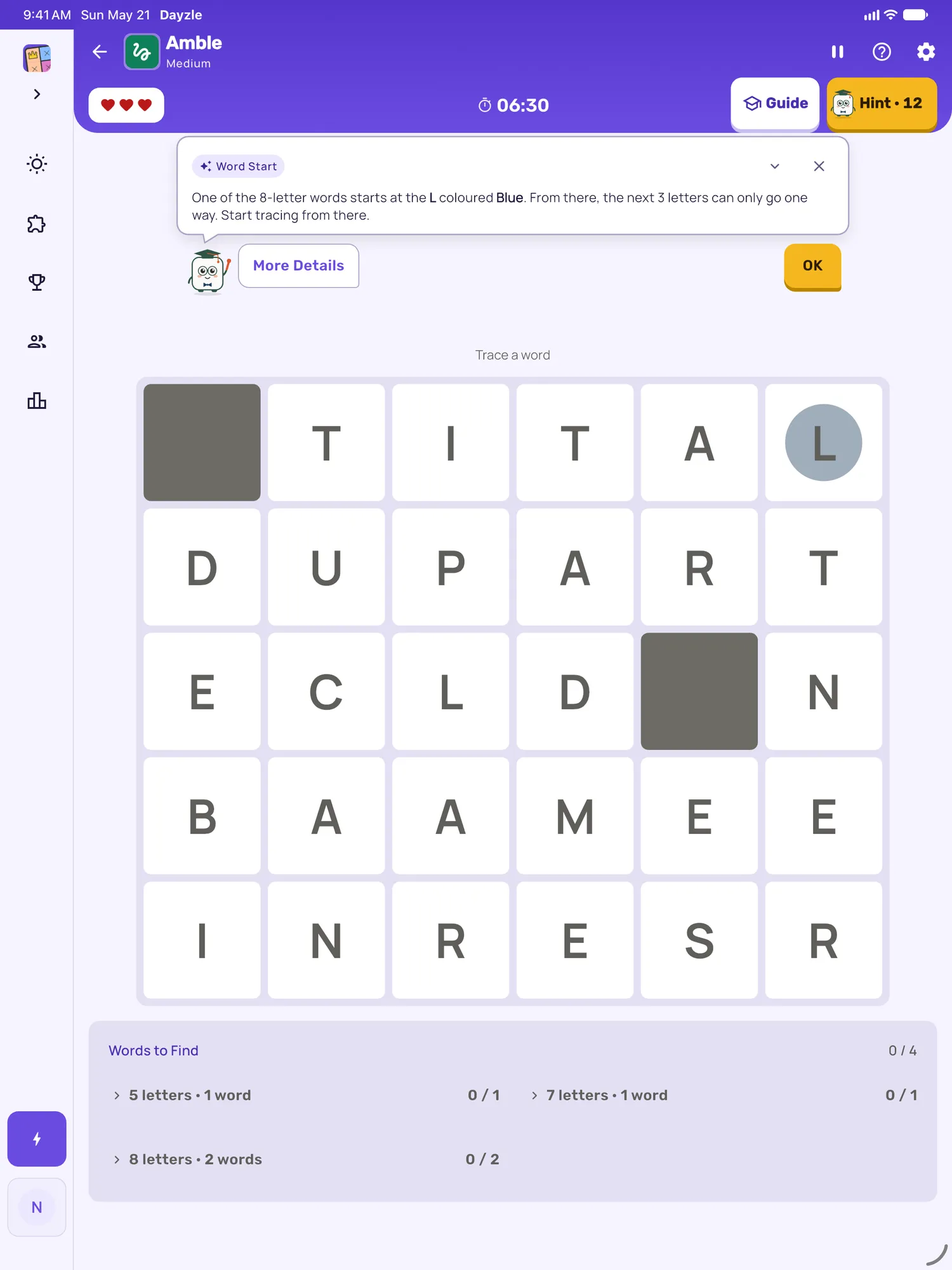 Amble on iPad: a hint card teaching Word Start, with the squares it uses lit on the board